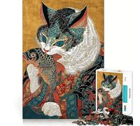 Rompecabezas de 1000 Piezas para Adolescentes Gato con pez al Estilo Ukiyo-e Diseño de Corte preciso Ideal para ejercitar la Mente,Relajarse y divertirse Actividad de cumpleaños (50x75cm)