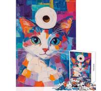 Rompecabezas de 1000 Piezas para Adolescentes Gato con Sombrero de Papel higiénico Juegos educativos Una Obra de Arte Juguetes para armar con póster y Hoja de Preguntas a Juego (50x75cm)