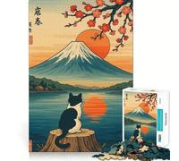 Rompecabezas de 1000 Piezas para Adolescentes Gato contemplando el Monte Fuji,Arte Ukiyo-e de Corte Fino,Entrenamiento de concentración,Juego Divertido para Momentos de Tranquilidad