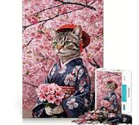 Rompecabezas de 1000 Piezas para Adolescentes Gato en Kimono con Flores de Cerezo Arte de Bordes precisos Entrenamiento Mental Divertido Juego Relajante Regalo de cumpleaños (38x26cm)