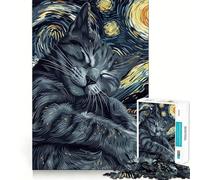 Rompecabezas de 1000 Piezas para Adolescentes Gato en la Noche Estrellada Juego de Ajuste preciso Desarrolla la Mente Diversión Tiempo Libre Navidad Decoración del hogar (38x26cm)