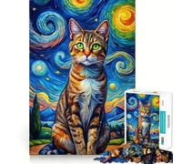Rompecabezas de 1000 Piezas para Adolescentes Gato en la Noche Estrellada Pintura al Estilo de La Noche Estrellada Diseño de Corte preciso Juego Divertido y Estimulante para el Tiempo Libre navideño