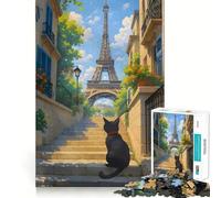 Rompecabezas de 1000 Piezas para Adolescentes Gato en París con la Torre Eiffel Diseño artístico de Corte preciso Regalo para desarrollar la Agilidad y para Disfrutar de Momentos de Juego tranquilos