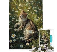 Rompecabezas de 1000 Piezas para Adolescentes Gato en un Campo de Margaritas Rompecabezas de 1000 Piezas para decoración del hogar Juguete desafiante cumpleaños (38x26cm)