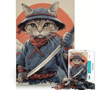Rompecabezas de 1000 Piezas para Adolescentes Gato,Guerrero samurái,Japón,Ajuste, Arte,Juego de concentración Mental,Tiempo de Descanso,diversión, Ocio (38x26cm)