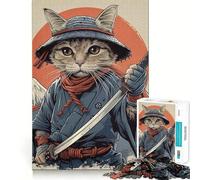 Rompecabezas de 1000 Piezas para Adolescentes Gato Guerrero samurái,Japón,Arte de Corte Limpio,Rompecabezas de lógica,Juego de Ocio,Regalo de cumpleaños (38x52cm)