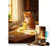 Rompecabezas de 1000 Piezas para Adolescentes Gato Haciendo Pasta en la Cocina Juego de Ajuste preciso Diversión y Entretenimiento Arte de Pared navideño (38x26cm)