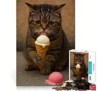 Rompecabezas de 1000 Piezas para Adolescentes Gato lamiendo un Cono de Helado,Juego de Ajuste preciso,diversión,Tiempo Libre,decoración navideña para la Pared (38x52cm)