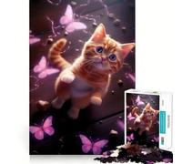 Rompecabezas de 1000 Piezas para Adolescentes Gato,Mariposas Rosas,Arte de Corte Fino,Lógica,Juguete Divertido,Tiempo Acogedor,Decoración navideña para Pared (38x26cm)