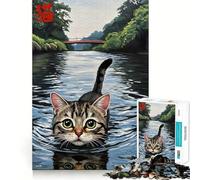 Rompecabezas de 1000 Piezas para Adolescentes Gato Nadando en el río Juego de Ajuste Actividad para el Cerebro Tiempo de Juego Relajante Actividad de cumpleaños (50x75cm)