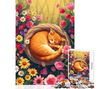 Rompecabezas de 1000 Piezas para Adolescentes: Gato Naranja durmiendo Entre Flores decoración del hogar Juguetes Ideas de Regalo para Juegos educativos Entrena tu Cerebro y Tus Manos tamaño 50x75cm