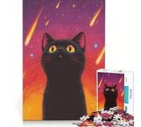 Rompecabezas de 1000 Piezas para Adolescentes: Gato Negro bajo Estrellas Fugaces, Juguetes antiestrés, difícil y desafiante, cumpleaños 38x52cm
