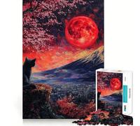 Rompecabezas de 1000 Piezas para Adolescentes Gato Negro bajo la Luna roja Arte de Corte preciso Juego Que estimula la Mente,Ideal para Relajarse o como decoración navideña 38x52cm