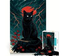 Rompecabezas de 1000 piezas para adolescentes Gato negro bajo la luna roja,estilo japonés Diversión con uniones suaves,regalo para ejercitar la mente,juego relajante,arte navideño para el tiempo libre