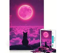 Rompecabezas de 1000 Piezas para Adolescentes Gato Negro bajo la Luna Rosa Arte de Corte preciso Juguete para ejercitar la Mente Tiempo de Juego Relajante Diversión de cumpleaños 38x26cm