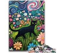 Rompecabezas de 1000 Piezas para Adolescentes, Gato Negro Caminando Entre Las Flores, 1000 Piezas para Adultos, Ideal para aliviar el estrés, desafío difícil, Regalo de Amigo Secreto (50x75cm)