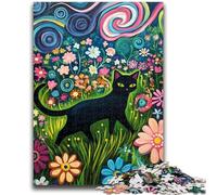 Rompecabezas de 1000 Piezas para Adolescentes, Gato Negro Caminando Entre Las Flores, para un Juego Educativo, un desafío, un Regalo Ideal para Toda la Familia, 26x38cm