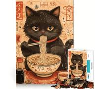 Rompecabezas de 1000 Piezas para Adolescentes Gato Negro Comiendo Ramen,decoración de Corte preciso,Juguete para ejercitar la Mente,Juego de Paz,Regalo Divertido de Navidad (38x52cm)