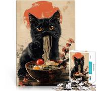 Rompecabezas de 1000 Piezas para Adolescentes Gato Negro Comiendo Ramen Juego desafiante con Piezas de Formas aleatorias Que se entrelazan Completamente 52x38cm