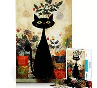 Rompecabezas de 1000 Piezas para Adolescentes Gato Negro con Flores Arte Digital Corte preciso Juego Que estimula la Mente,Ideal para Relajarse o para Disfrutar de la Navidad 38x26cm
