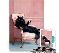 Rompecabezas de 1000 Piezas para Adolescentes Gato Negro con Martini en Silla Rosa Arte de Corte preciso Juego Que estimula la Mente Juego para Relajarse Arte navideño para el Tiempo Libre 38x26cm