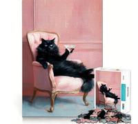 Rompecabezas de 1000 Piezas para Adolescentes Gato Negro con Martini en Silla Rosa Arte de Corte preciso,Juguete para ejercitar la Mente,Juego Relajante,Juego Divertido para cumpleaños 38x52cm