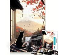 Rompecabezas de 1000 Piezas para Adolescentes Gato Negro contemplando el Monte Fuji Juego de Bordes limpios Juguete de Desarrollo cognitivo Juego de Entretenimiento Regalo de decoración navideña