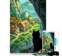 Rompecabezas de 1000 Piezas para Adolescentes Gato Negro contemplando un Pueblo fantástico Arte de Corte preciso,Juguete para ejercitar la Mente,Juego Relajante,diversión de cumpleaños 38x52cm