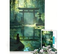 Rompecabezas de 1000 Piezas para Adolescentes: Gato Negro en el Estanque del Templo del Bosque, Juegos Familiares, Mejora la Memoria, con póster y Hoja de Preguntas a Juego 38x26cm