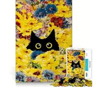 Rompecabezas de 1000 Piezas para Adolescentes Gato Negro en un Campo de Flores Amarillas Diseño de Bordes precisos Juego de lógica y Entretenimiento Regalo artístico navideño 50x75cm