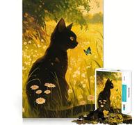 Rompecabezas de 1000 Piezas para Adolescentes Gato Negro en un Campo de Flores Diseño artístico de Corte preciso Regalo para desarrollar la Agilidad Mental y para Disfrutar de la Navidad Decoración
