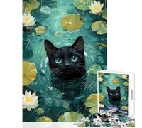 Rompecabezas de 1000 Piezas para Adolescentes Gato Negro en un Estanque de Lirios Juguetes de decoración del hogar Gran Regalo para Juegos educativos Mejora el Amor Entre Parejas tamaño 50x75cm