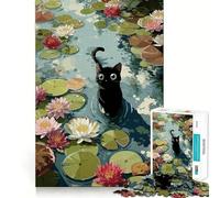 Rompecabezas de 1000 Piezas para Adolescentes Gato Negro en un Estanque de nenúfares Diseño de Bordes precisos Juego de lógica y Entretenimiento Regalo artístico navideño 38x52cm