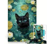 Rompecabezas de 1000 Piezas para Adolescentes Gato Negro en un Estanque de nenúfares,diseño de Bordes precisos,Juego de lógica,diversión Relajante,Regalo artístico de Navidad 38x26cm