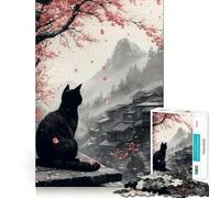 Rompecabezas de 1000 Piezas para Adolescentes Gato Negro en un Pueblo japonés Arte de Corte preciso Juego Que estimula la Mente,Ideal para Relajarse o como pasatiempo navideño 38x52cm