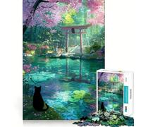 Rompecabezas de 1000 Piezas para Adolescentes Gato Negro en un Santuario,Estanque de cerezos en Flor Juego de Ajuste, Juego de Habilidad Mental,diversión Relajante,Juego de cumpleaños 38x52cm