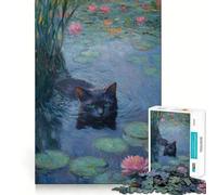 Rompecabezas de 1000 Piezas para Adolescentes Gato Negro Entre nenúfares,diseño de Bordes precisos,Juego de lógica,diversión Relajante,Regalo artístico navideño 38x52cm