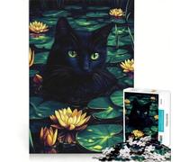 Rompecabezas de 1000 Piezas para Adolescentes: Gato Negro Entre nenúfares, Juego Educativo para ejercitar la Mente y Las Manos, Amigos y Familiares 50x75cm