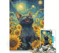 Rompecabezas de 1000 Piezas para Adolescentes Gato Negro Feliz en un Campo de Girasoles, Juego Educativo, Divertido para Reducir el estrés, cumpleaños 50x75cm