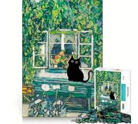 Rompecabezas de 1000 Piezas para Adolescentes Gato Negro Junto a la Ventana Pintura artística de Bordes Exactos Juego Divertido y Acogedor para Navidad Exhibición artística (38x52cm)