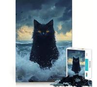 Rompecabezas de 1000 Piezas para Adolescentes Gato Negro Junto al mar Juego de Ajuste Juego de Habilidad Mental Tiempo de diversión Relajante Ideal para cumpleaños (50x75cm)