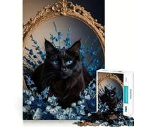Rompecabezas de 1000 Piezas para Adolescentes Gato Negro,Ojos Azules,diseño Floral,Corte preciso,decoración,Juguete para ejercitar la Mente,Juego de Paz,Regalo Divertido de Navidad (38x26cm)