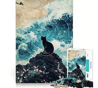 Rompecabezas de 1000 Piezas para Adolescentes Gato Negro sobre una Roca con Olas Divertido Juego Mental,Regalo Ideal para Relajarse Arte navideño para el Tiempo Libre 38x52cm
