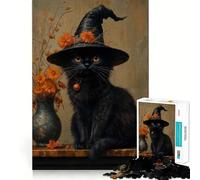 Rompecabezas de 1000 Piezas para Adolescentes Gato Negro y Bruja Diseño de Corte preciso Juego Que estimula la Mente,Ideal para Relajarse o para Disfrutar de la Navidad 50x75cm