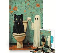 Rompecabezas de 1000 Piezas para Adolescentes Gato Negro y Fantasma en el baño Juego Jugar Juntos,Juego cognitivo,Regalo,Juego Relajante,Actividad Divertida para cumpleaños (38x26cm)