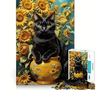 Rompecabezas de 1000 Piezas para Adolescentes Gato Negro y Girasoles Decoración de Corte preciso Juguete para ejercitar la Mente Juego de Paz Regalo Divertido de Navidad (50x75cm)