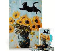 Rompecabezas de 1000 Piezas para Adolescentes Gato Negro y Girasoles Juego Jugar en Conjunto,Juego cognitivo,Regalo,Juego Relajante,Actividad Divertida para cumpleaños (38x26cm)