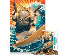 Rompecabezas de 1000 Piezas para Adolescentes Gato Samurai Surfista,Corte Premium,Diversión,Concentración,Juego Fácil,Tiempo de Juego,Arte Navideño,Exhibición (50x75cm)