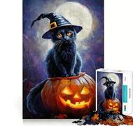 Rompecabezas de 1000 Piezas para Adolescentes Gato sobre Calabaza en una Noche a la luz de la Luna Juego de Corte Suave para ejercitar la Mente Juguete Ideal para Momentos de Juegos y para cumpleaños