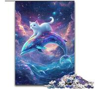 Rompecabezas de 1000 Piezas para Adolescentes, Gato sobre un delfín, Juguetes de Entretenimiento Familiar con póster a Juego y Hoja de Trivia, 50x75cm